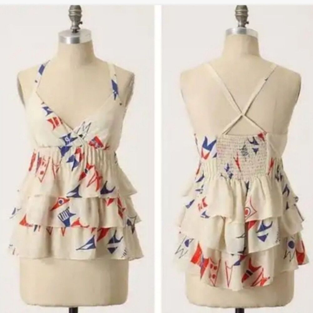 Anthropologie We Love Vera Heart Red White Blue Silk July 4th Flag Tank Ruffle 6
